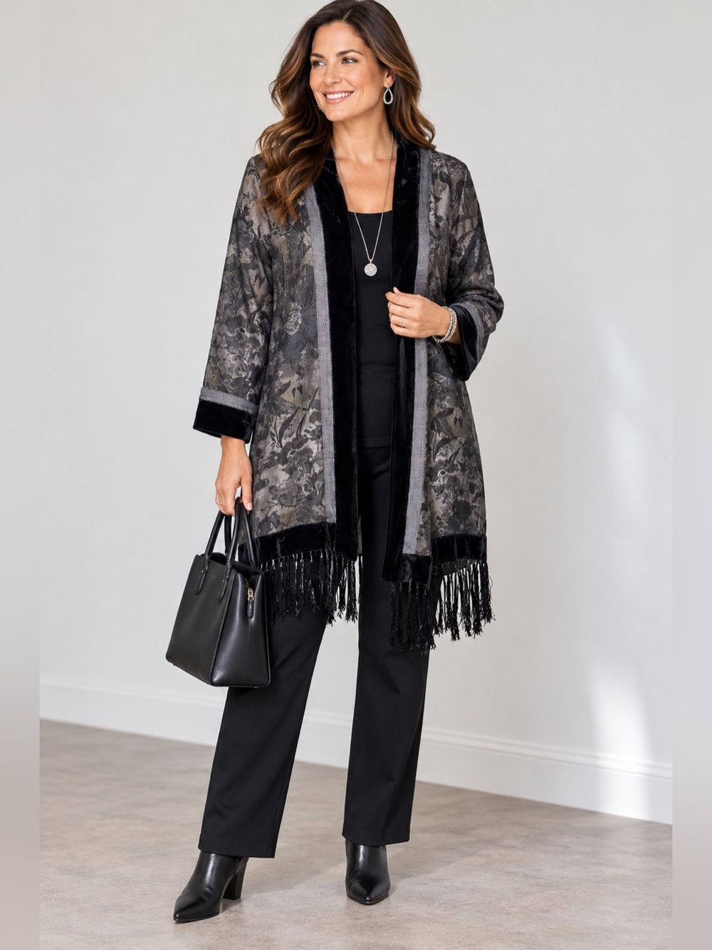 Chicos Cardigan Fringe Velvet Sweater Black Size 3 Boho XL Open Front Artsy